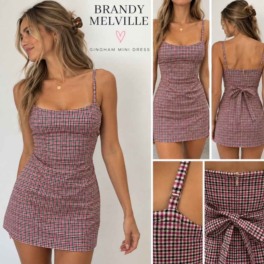 Brandy Melville Pink Gingham Mini Dress Tie Back Bodycon One Size